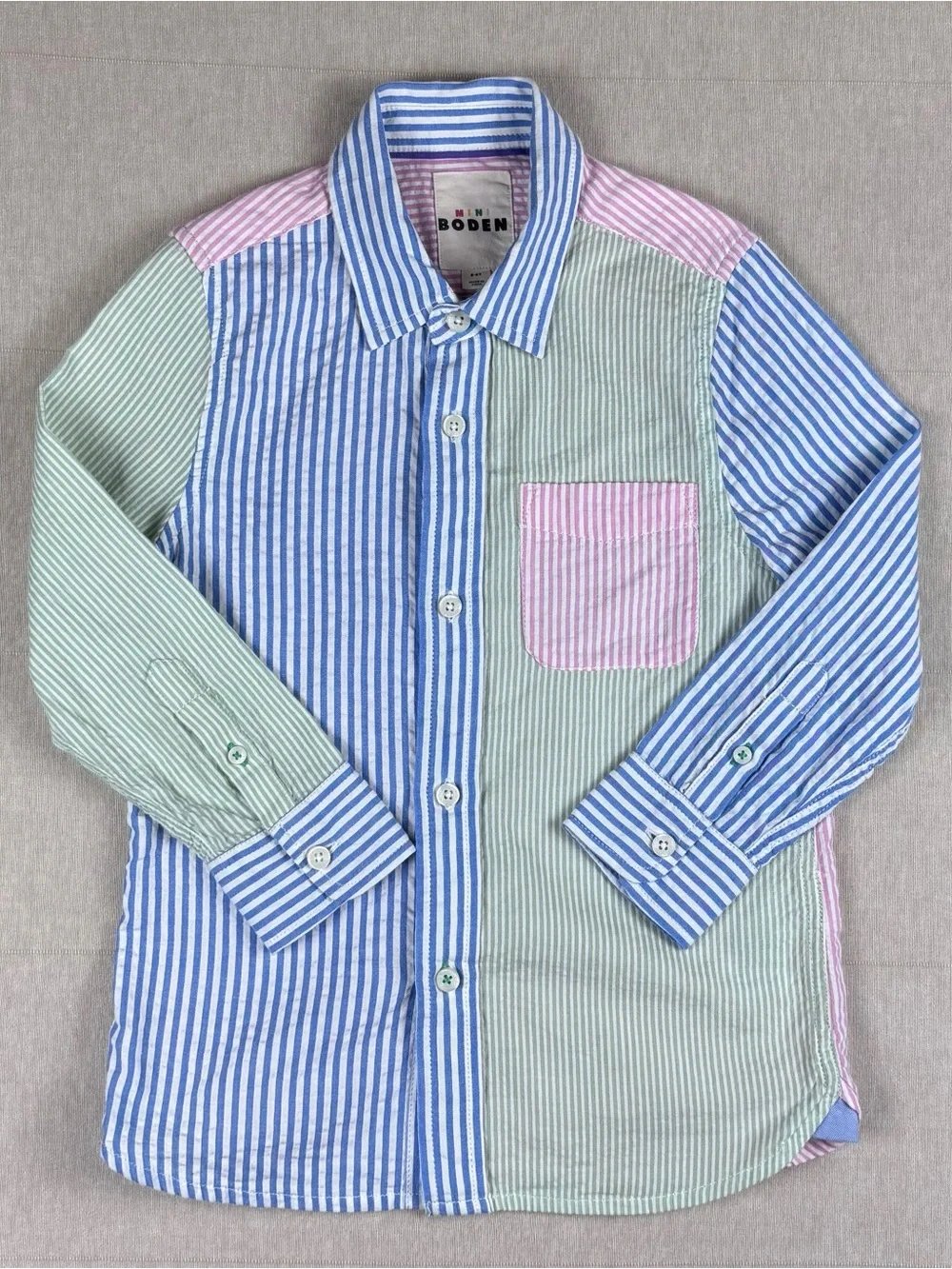 Mini Boden Boys Patchwork Stripe Button Shirt 5-6Y Colorblock Cotton Top
